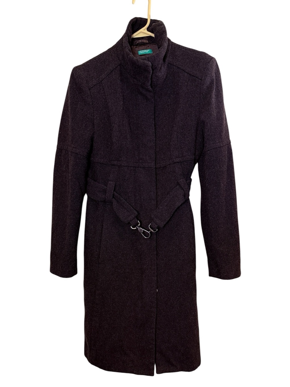 United Colors Of Benetton Dark Brown Herringbone Wool Blend Belted Winter Coat